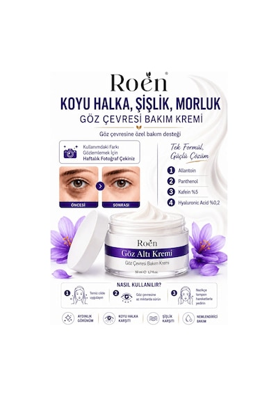 Roen Göz Altı Morluk Kremi Kafein %5 Hyaluronic Acid %0,2 Koyu Halka Şişlik ve Bakım Kremi 50 ML