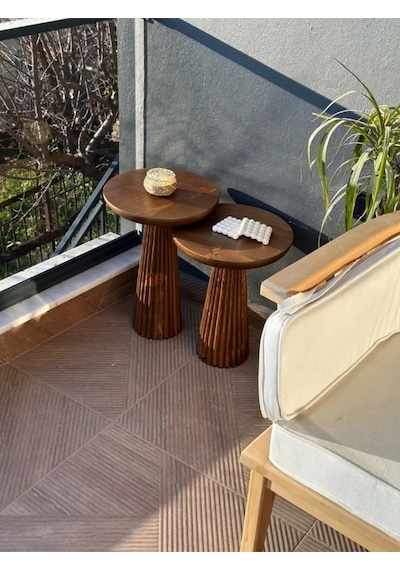 Wood Wooden 2 Li Set Fitilli Derin Çizgili Mantar Yan Sehpa