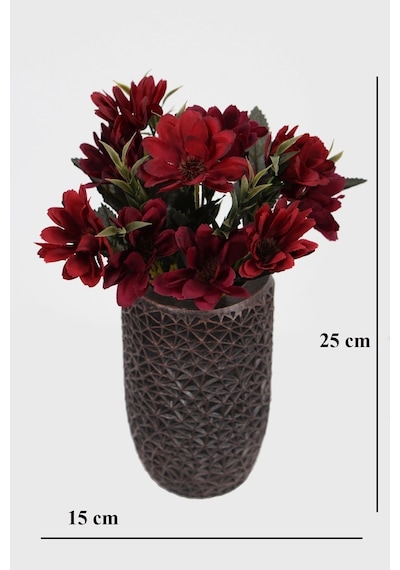Lüx Beton Retro Tombul Vazoda Yapay Papatya Dekoru 25 Cm Bordo