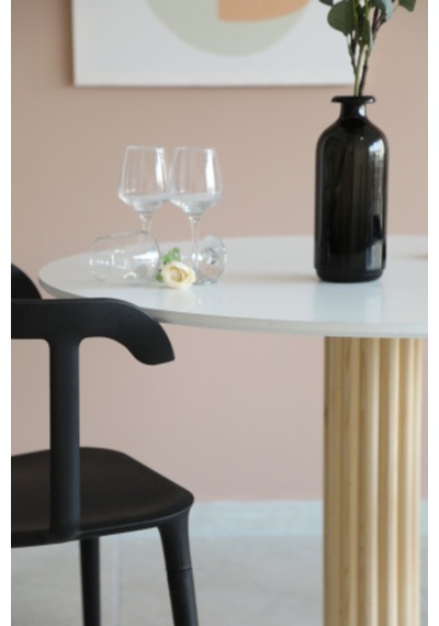 Naturalwood Ahşap Ayaklı Yuvarlak Yemek Masası, Modern Mat Beyaz Mdf Yemek Ma
