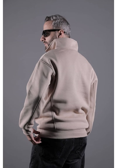 Dik Yakalı Parçalı Erkek Sweatshirt Krem