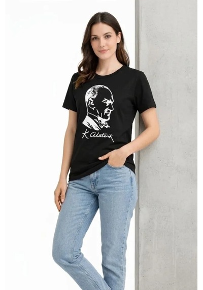 Modi Atatürk Baskılı Tişört Kısa Kollu Bisiklet Yaka T-shirt - Siyah Açık Siyah