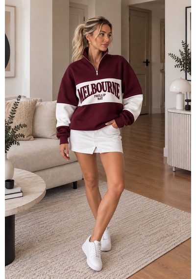 Lima Bordo Kadın Melbourne Baskılı Oversize Sweatshirt Yarım Fermuarlı Dik Yaka Uzun Kollu Sweat Lima Bordo Kadın Melbourne Baskılı Oversize Sweatshirt Yarım Fermuarlı Dik Yaka Uzun Kollu Sweat