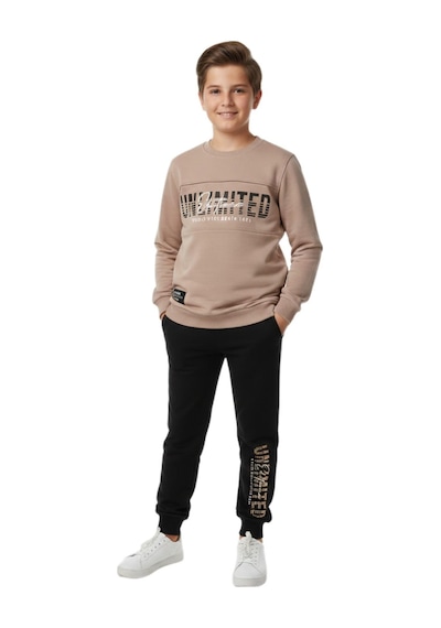 Baglan Erkek Çocuk Önü Baskılı Sweatshirt Ve Eşofman Alt Takım Bgl-st05247 Bej