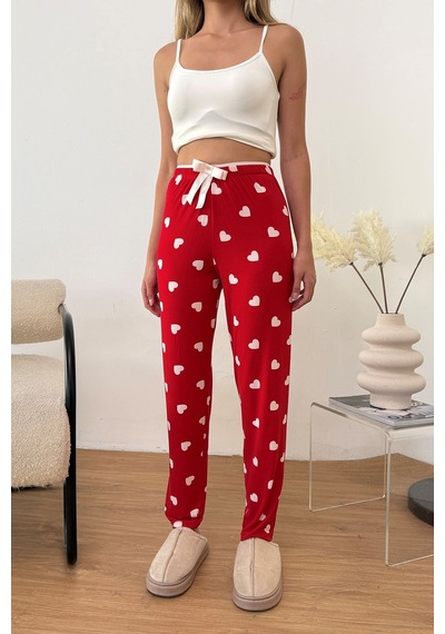 Giysa Kadın Beli Lastikli Kalp Desenli Pijama Altı Kırmızı - 26y 4522