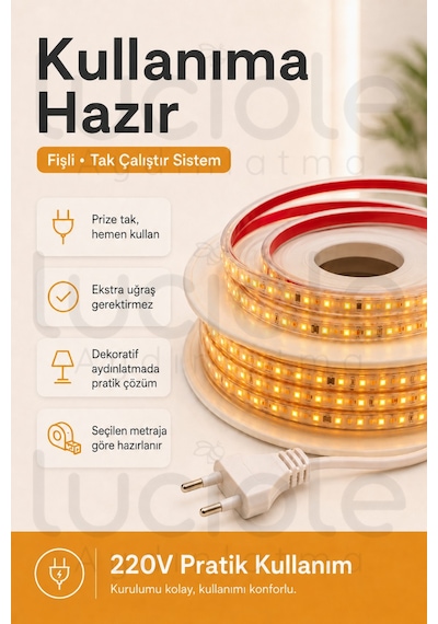 3 Metre 220v Amber Şerit Led Hazır Fişli Tak Çalıştır Silikonlu Yapışkanlı Dış Mekan