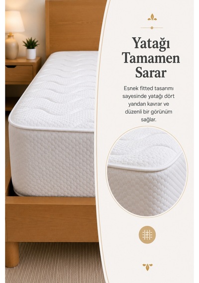 Kapitoneli Fitted Bazalı Sıvı Geçirmez Yatak Alez Koruyucusu Beyaz Beyaz