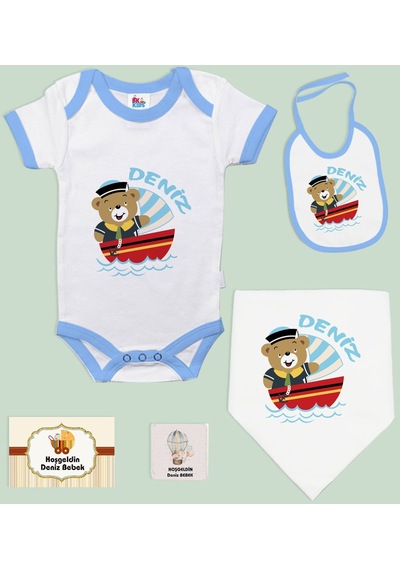 Bk Kids Kişiye Özel İsimli 5 Parça Mavi Bebek Body Zıbın Ve Battaniye Hediye Seti, Yeni Doğan Bebek Giyim Hediyesi-1