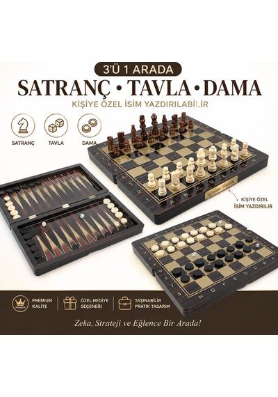 Kişiye Özel İsim Yazılabilir Lüks Ahşap 3'ü 1 Arada Satranç Dama Tavla Seti 34cm Premium Oyun Takımı