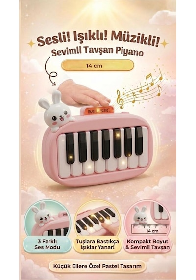 14cm Sesli Işıklı Ve  Müzikli Sevimli Tavşan Figürlü İnteraktif Oyuncak El Piyanosu Pembe