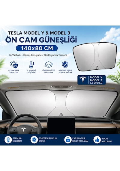 Polham 140x80 Cm Tesla Model Y Ve Model 3 İle Uyumlu Ön Cam Güneşliği, Isı Yalıtımlı Güneş Koruyucu 23311732