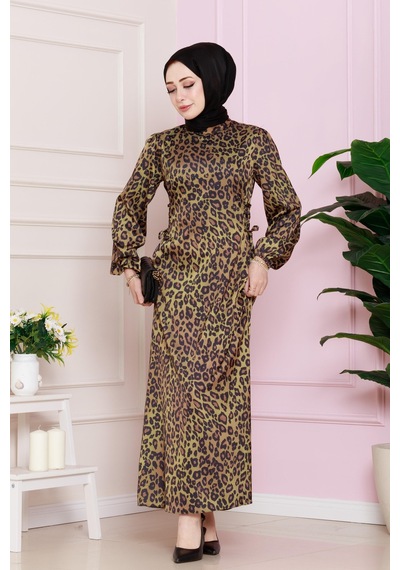Yanı Bağcıklı Leopar Desenli Tesettür Abiye-hardal-4684