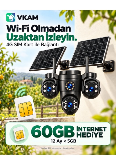 Vkam Reina 4 Kameralı 4g Çift Solar Panel Aov Gece Görüş Sesli Konuşma 1 Yıl İnternet