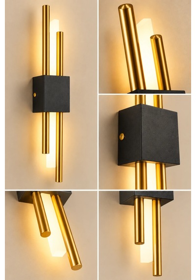 Premıum Modern Siyah Gold Çift Borulu Led Aplik 3w Dekoratif Duvar Aydınlatması 50 Cm