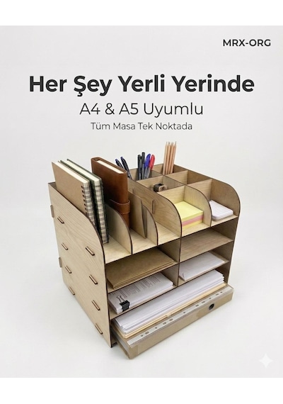 Mrx-org Desk 02 Masaüstü Organizer A4 & A5 Evraklık Kalemlik Çok Bölmeli Ahşap Masa Düzenleyici Akçaağaç