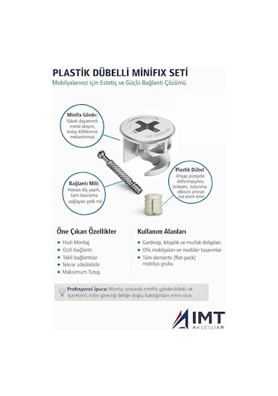 Tr İmt Aksesuar Plastik Dübelli Minifix Gövde Ve Mil Seti - Mobilya Bağlantı Elemanı 20 Adet Metalik Genel