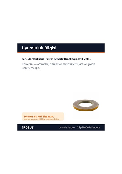Trobus Reflektör Jant Şeridi Fosfor Reflektif Bant 0,5 Cm X 10 Metre Sarı
