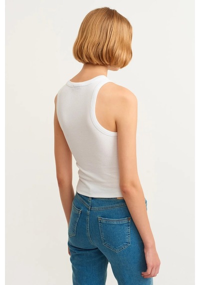 Refox Kadın Beyaz Fitilli T-shirt Halter Yaka Örme Atlet , Sporcu Atlet