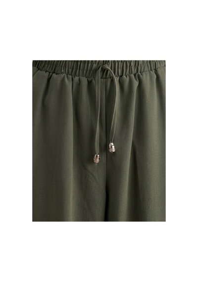Milera Haki Beli Lastikli Bağcıklı Rahat Klasik/havuç Kesim Yüksek Bel Double Kumaş Pantolon Haki - 884222785 Haki