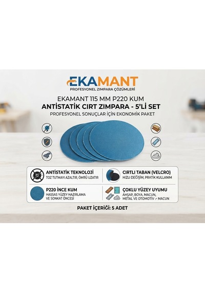 Ekamant 5'li Set 115 Mm P220 Kum Antistatik Cırt Zımpara Daire Disk