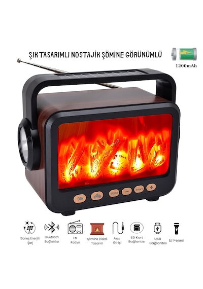 Şömine Tasarımlı Retro Taşınabilir Bluetooth Speaker Güneş Eneji Şarj Özelliği El Feneri Fm Radyo/usb/aux/
