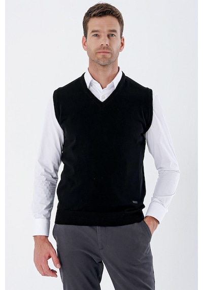 İmza V Yaka Cepsiz Slim Fit Classic Yünlü Triko Süeter 1012255003 Siyah
