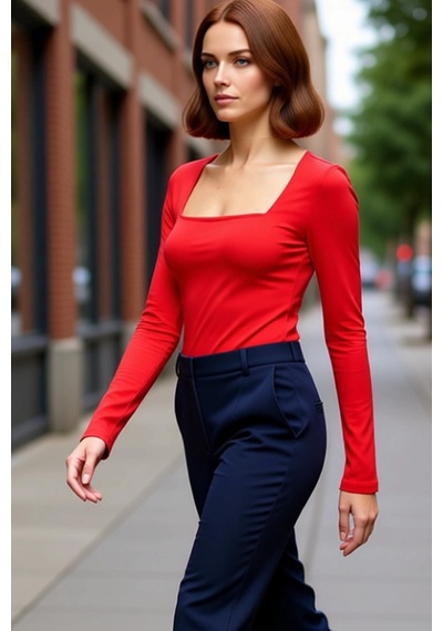 Ersefa Moda Kare Yaka Örme Slim Düz Desen Casual Günlük Regular Uzun Kol Kırmızı