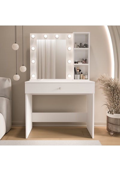 Robin Home Hollywood Makyaj Masası Çekmeceli Düzenleyici Hollywood Led Işıklı Raflı Beyaz Robin Home Hollywood Makyaj Masası Çekmeceli Düzenleyici Hollywood Led Işıklı Raflı Beyaz