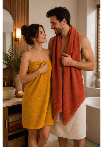 2'li Jakarlı Büyük Boy Banyo Havlusu 90x150 Cm Lorea 650 Gr Kiremit-hardal