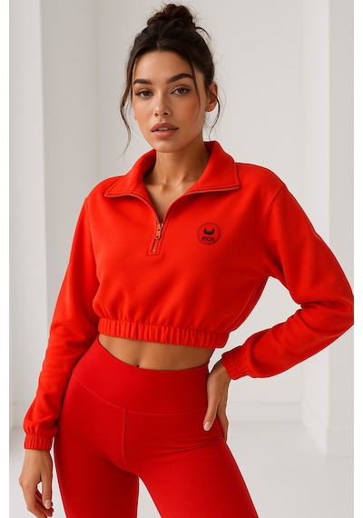 Kadın Açık Fuşya Yarım Fermuarlı Beli Lastikli Crop Sweatshirt Fuşya