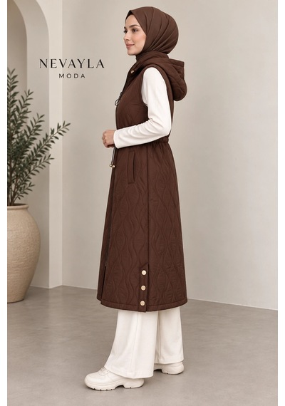 Nevayla Moda Mevsimlik Kapüşonlu Yelek - Kahverengi / M117