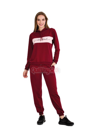 Lady Uzun Kol 22067 Kapüşonlu Ve Kanguru Cepli Bordo Renk Kadın Spor Eşofman Takımı