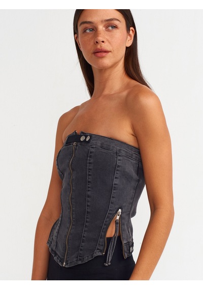 Dilvin Uç Fermuarlı Denim Büstiyer Siyah