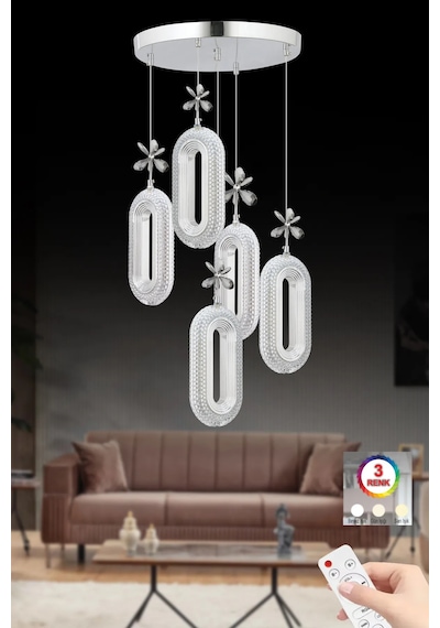 İstanbul Avize Led Alfa 5'li Gümüş Kumandalı 3 Renk Ledli Kristal Taşlı Modern L
