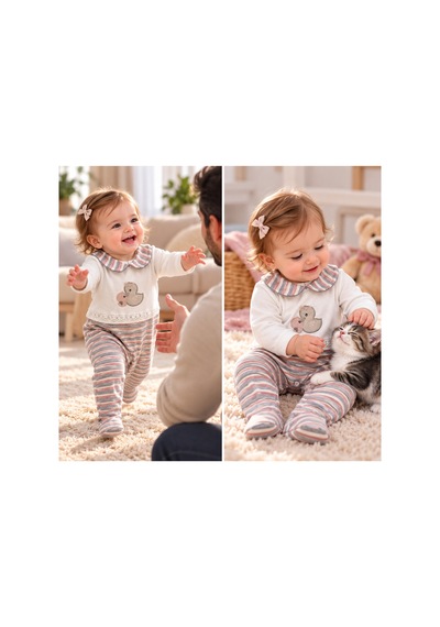 Messlife Ördek Nakışlı Çizgili Kız Bebek Tulumu Beyaz - 929694752 Beyaz