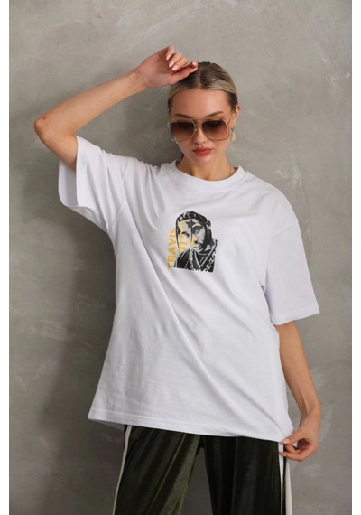 Kadın Baskılı T-shirt Kısa Kol Bisiklet Yaka Oversize Rahat Kalıp Günlük Tişört - Beyaz