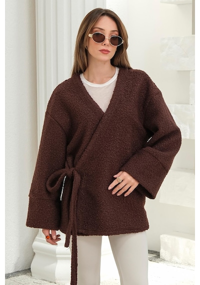 Olcay Önü Bağlamalı Buklet Kimono Ceket Kahve 8265