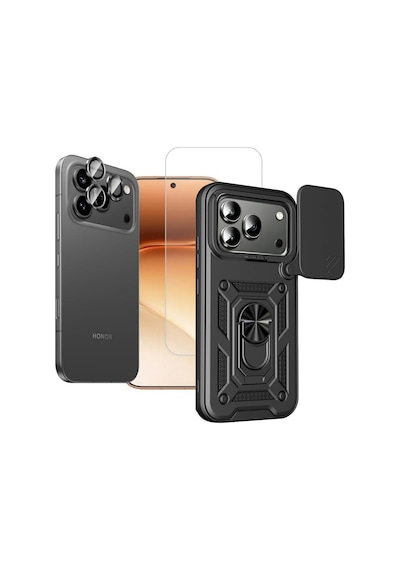 Teleplus Honor 600 Pro Kılıf Armor Slide Kamera Sürgülü 3in1 Kombin Kapak Siyah