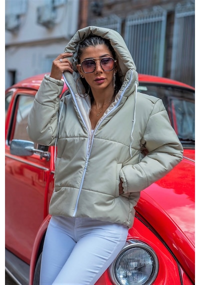 Keyifli Moda Kadın Bej Su Geçirmez Kapüşonlu Şişme Mont