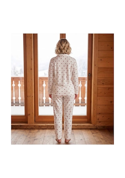 Pijamoni Kadın Süet Kumaş Önü Düğmeli Uzun Kollu Pijama Takımı Beyaz Kalp Desenli