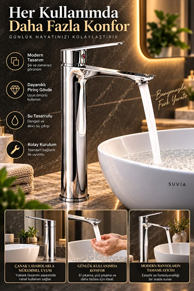 Lavabo Bataryası Yüksek Gövde Krom Çanak Lavabo Musluğu Sıcak Soğuk Su Bataryası