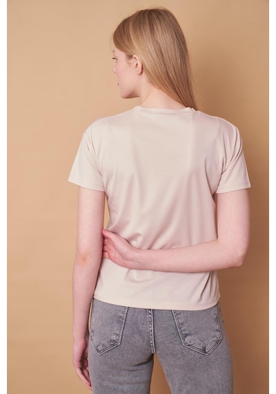 Jument Kadın Sıfır Yaka Kırışmaz Span Karışımlı Şık Kısa Kol Likralı T-shirt Bluz-taş Taş