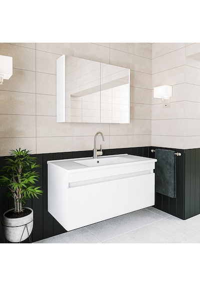 Banos Al3 Lavabolu Beyaz 100 Cm Aynalı Banyo Dolabı Takımı Beyaz