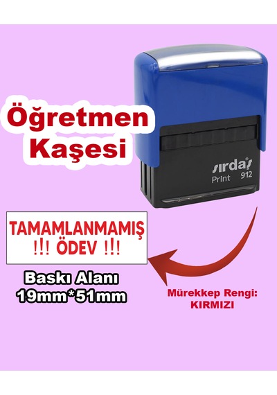 Öğretmen Kaşesi - Tamamlanmamış Ödev, 912 51mm 19mm Kırmızı Keçeli Otomatik Kaşe