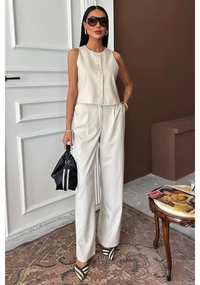 Moderie Butik Yelek Plazzo Pantolon Çizgili Flamlı Poliviscon Takım 10178 Vi Zon