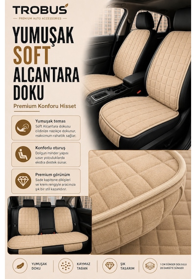 Opel Astra 2000-2004 Üniversal Soft Alkantra Kare Desen 7 Parça Oto Koltuk Minderi Bej