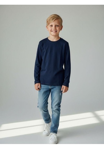 Zekids Erkek Çocuk Pamuklu Uzun Kol Basic T-shirt-16713 Lacivert