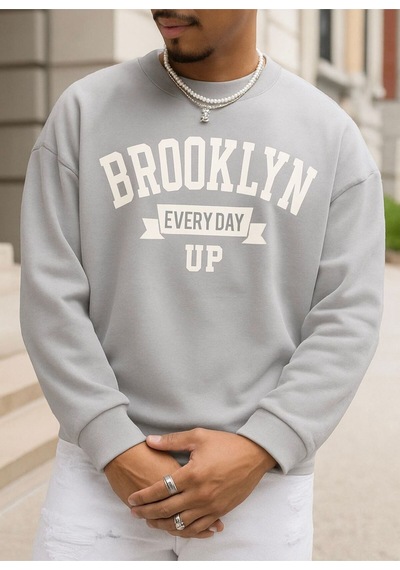 Benroma 3 İplik Penye Brooklyn Baskılı Unisex Sweatshırt Gri