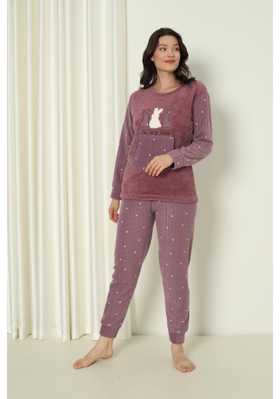 Wordex Fwn 04-3302 Peluş Welsoft Polar Kışlık Yumoş Tavşanlı Kadın Pijama Takımı Lila