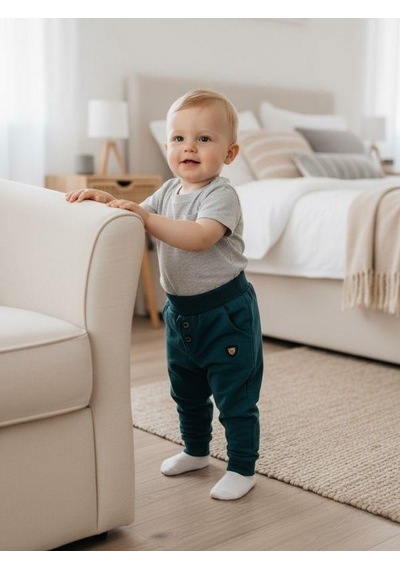Zekids Erkek Çocuk Pamuklu Lastikli Duble Paça Eşofman Altı-16388 Yeşil
